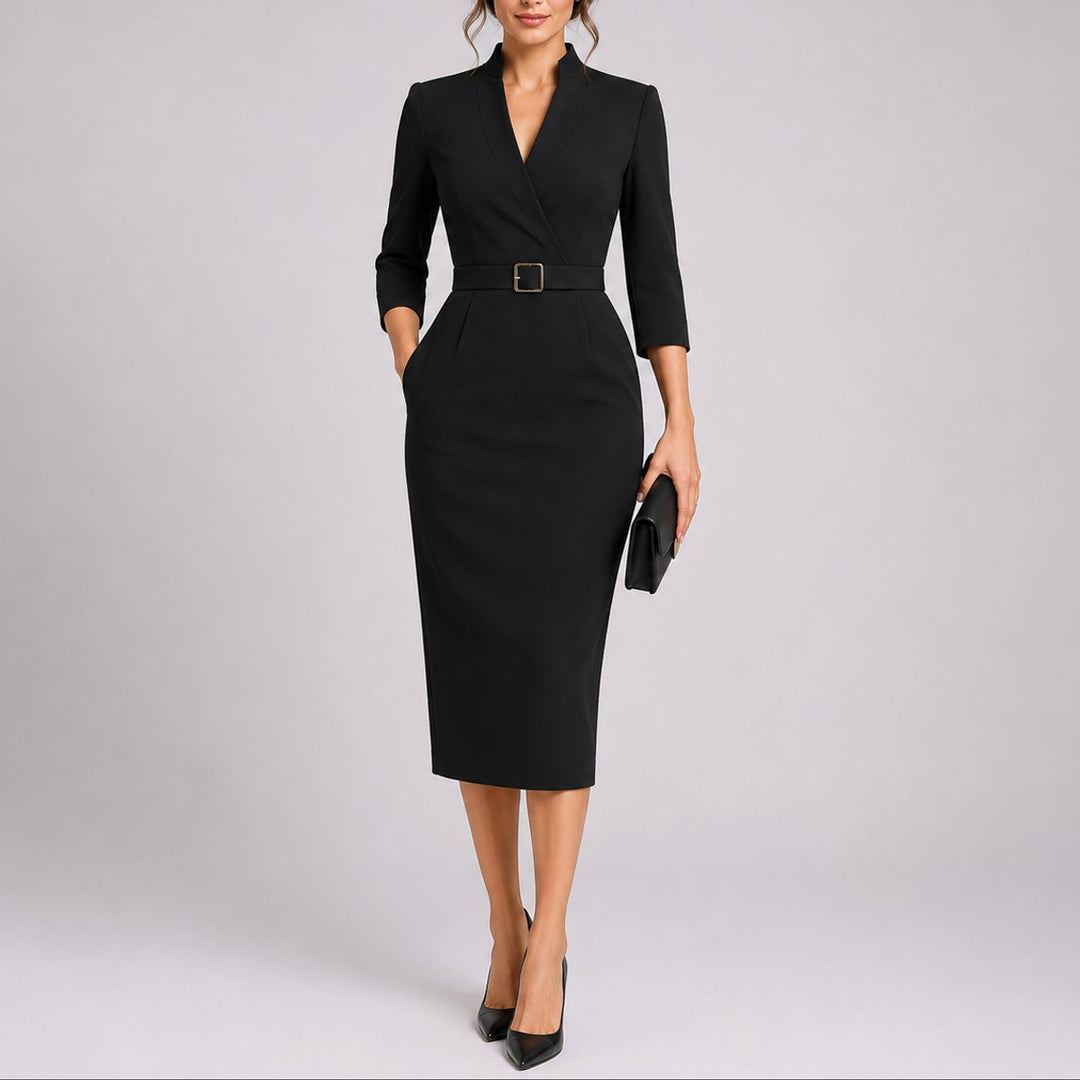 Damen Elegantes Bodycon-Midikleid Herbst-Hochzeitsgast-Kleid mit Gürtel - Schwarz