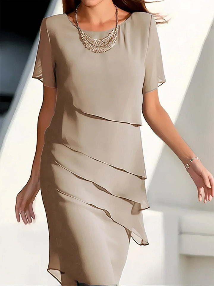 Damen Elegantes Chiffon Cocktailkleid Mehrlagig Kurzarm - Beige