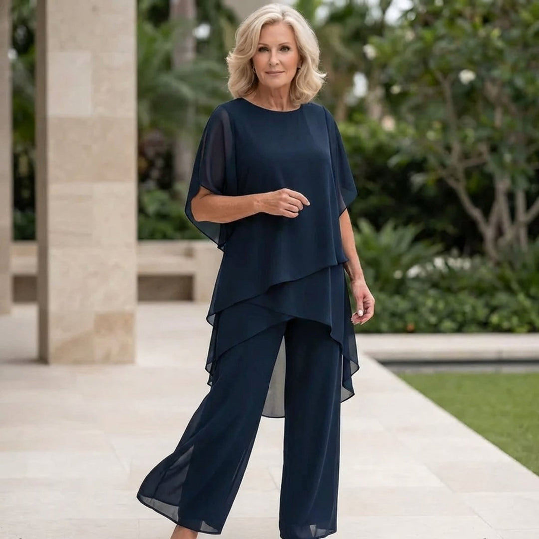 Damen Elegantes Chiffon Lagen-Set Oberteil Hose - Blau