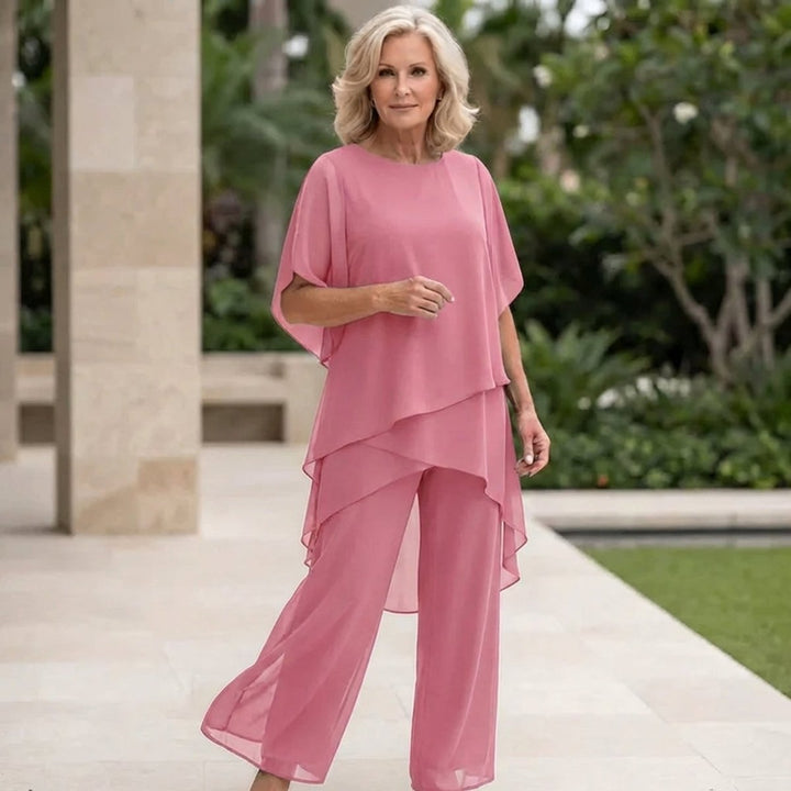 Damen Elegantes Chiffon Lagen-Set Oberteil Hose - Rosa