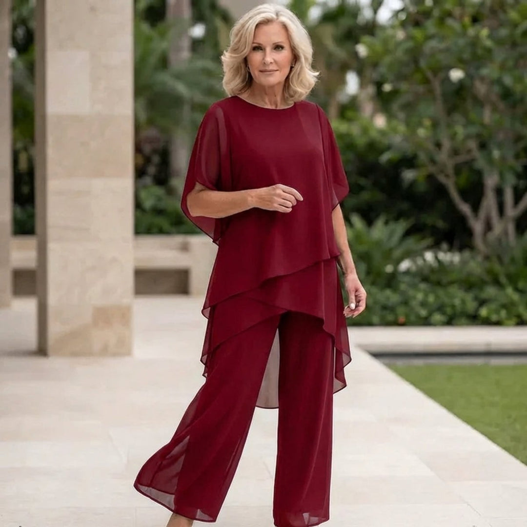 Damen Elegantes Chiffon Lagen-Set Oberteil Hose - Rot