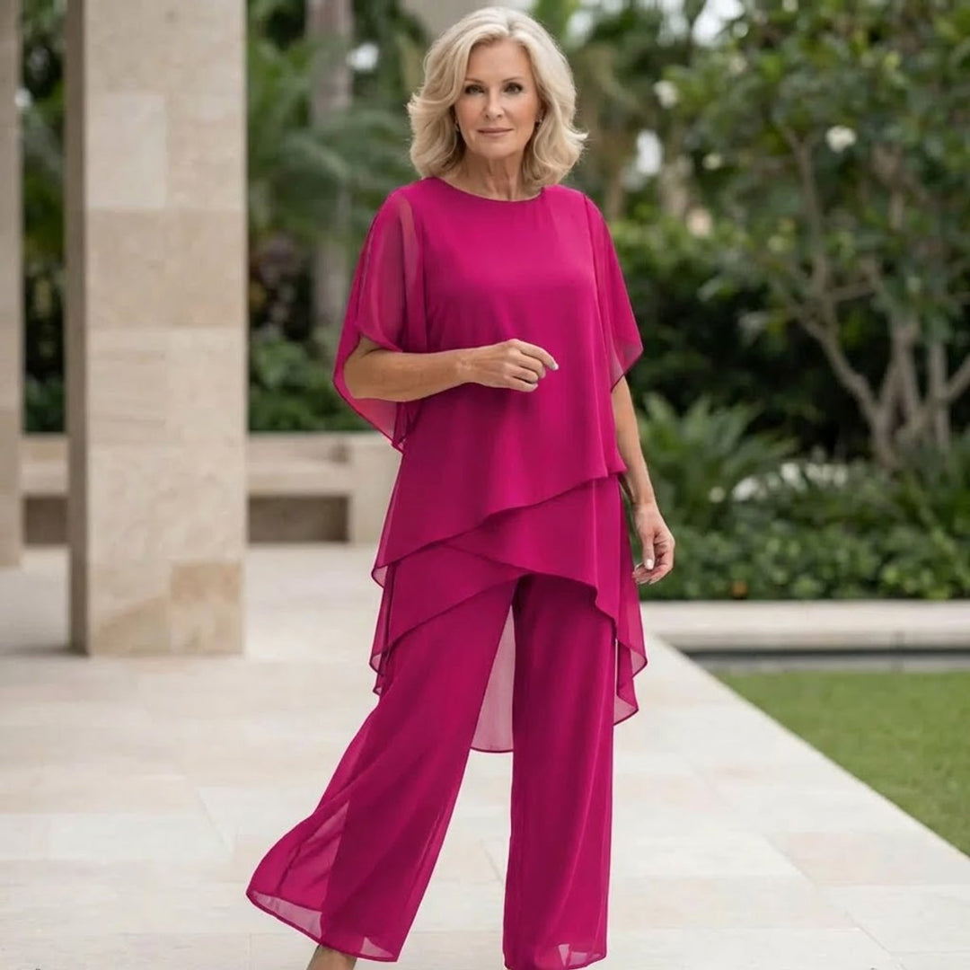 Damen Elegantes Chiffon Lagen-Set Oberteil Hose - Lila