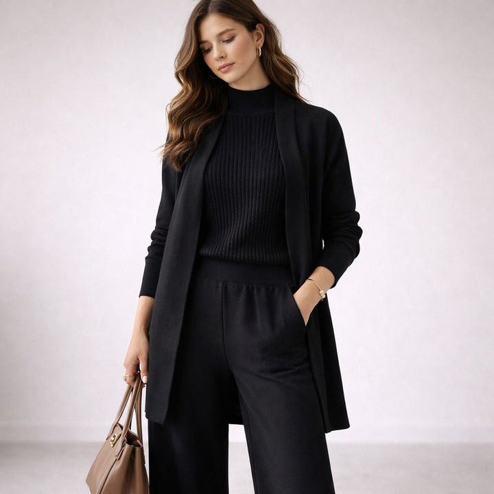 Damen Elegantes Dreiteiling Strick-Loungewear-Set Abendkleid-Stil - Schwarz