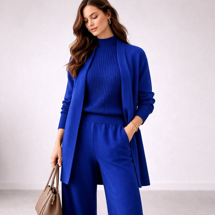 Damen Elegantes Dreiteiling Strick-Loungewear-Set Abendkleid-Stil - Blau