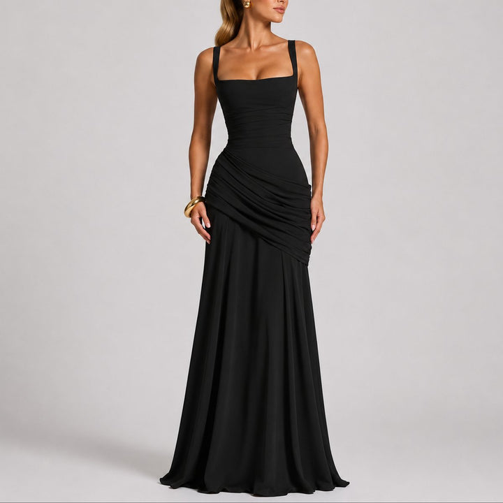 Damen Elegantes Gerafftes Maxi-Abendkleid für Hochzeitsgäste im Herbst - Schwarz