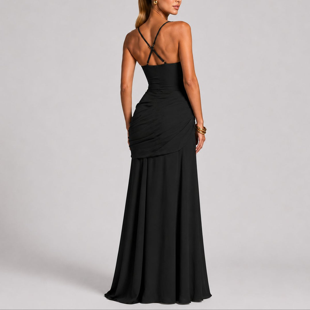 Damen Elegantes Gerafftes Maxi-Abendkleid für Hochzeitsgäste im Herbst