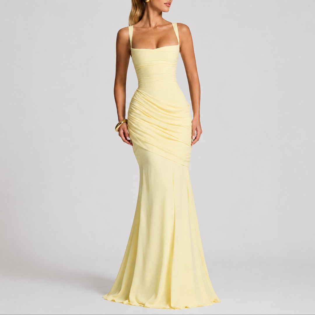 Damen Elegantes Gerafftes Maxi-Abendkleid für Hochzeitsgäste im Herbst - Gelb