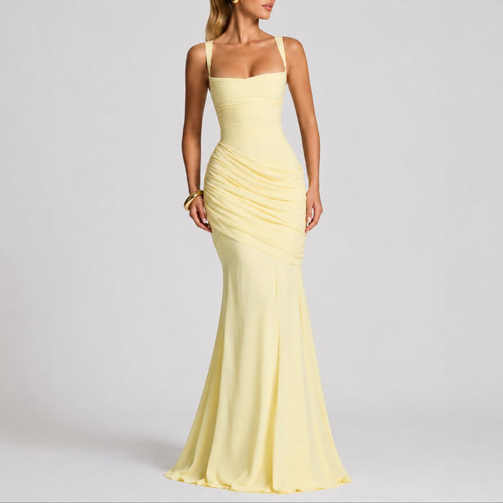 Damen Elegantes Gerafftes Maxi-Abendkleid für Hochzeitsgäste im Herbst - Gelb