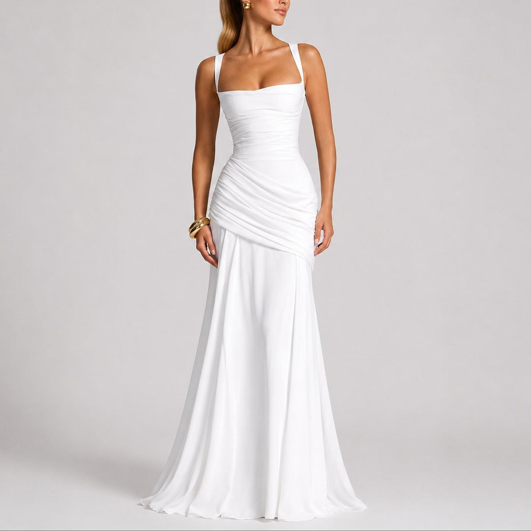 Damen Elegantes Gerafftes Maxi-Abendkleid für Hochzeitsgäste im Herbst - Weiß