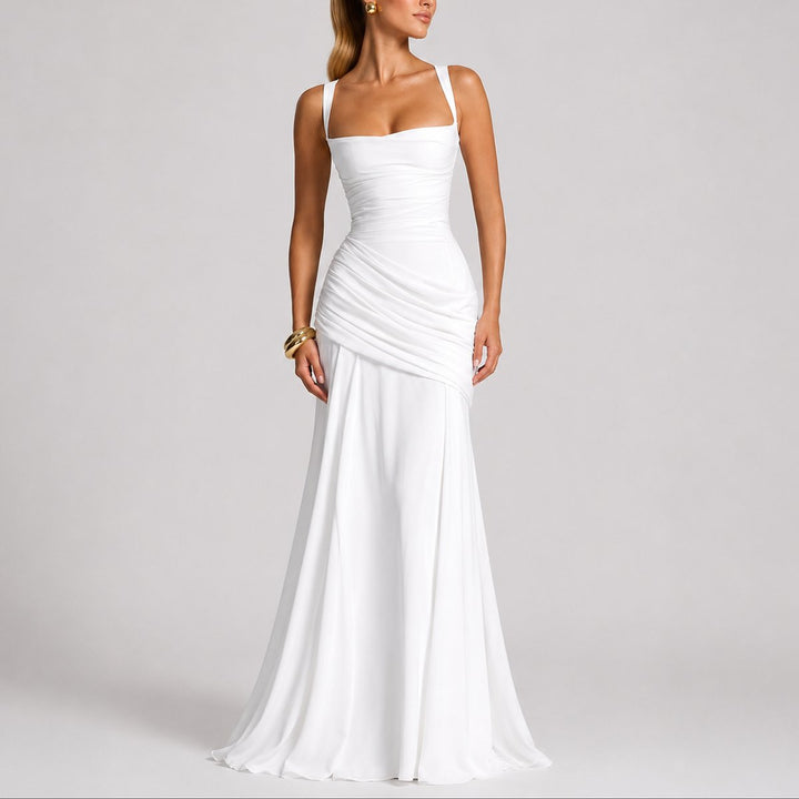 Damen Elegantes Gerafftes Maxi-Abendkleid für Hochzeitsgäste im Herbst - Weiß