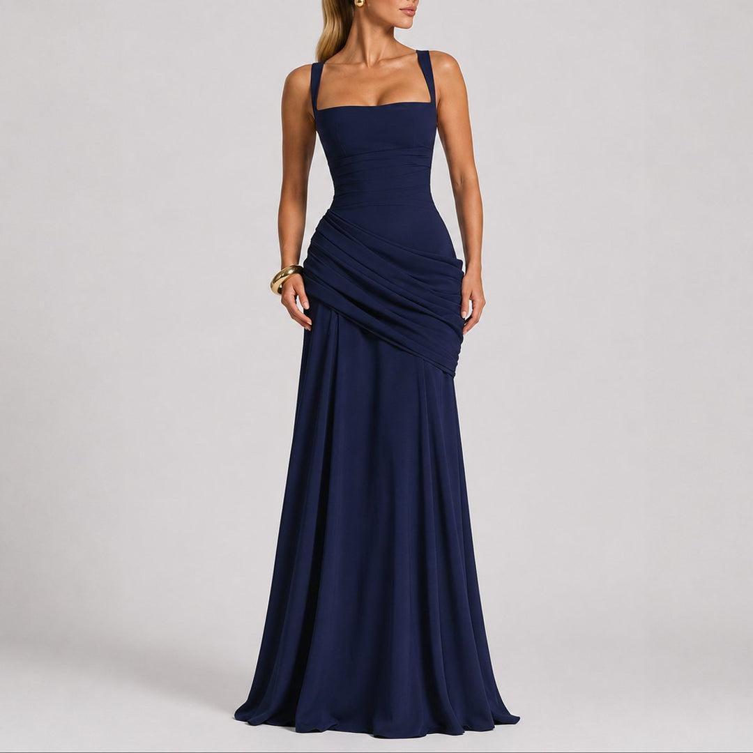 Damen Elegantes Gerafftes Maxi-Abendkleid für Hochzeitsgäste im Herbst - Marineblau
