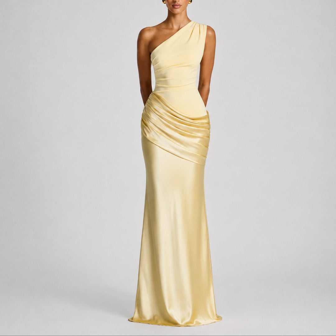 Damen Elegantes One-Shoulder Satin-Maxi-Abendkleid für Hochzeitsgäste - Gelb