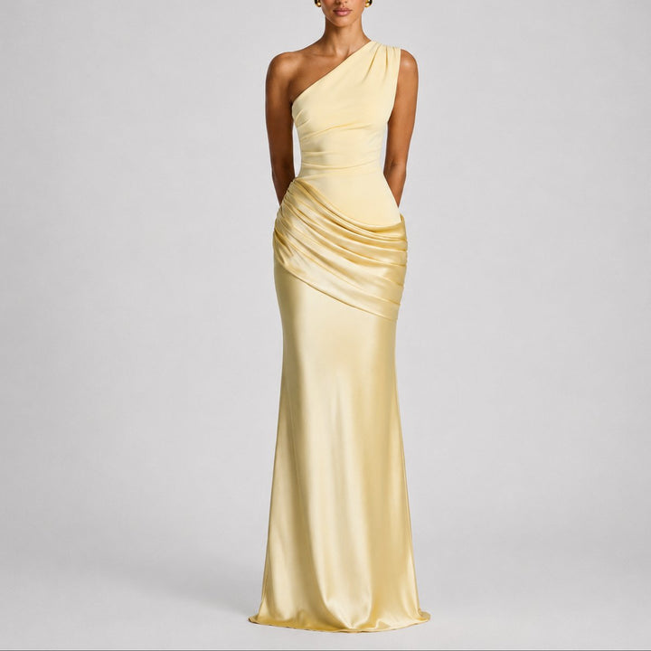 Damen Elegantes One-Shoulder Satin-Maxi-Abendkleid für Hochzeitsgäste - Gelb