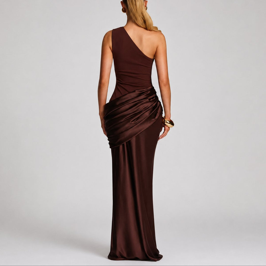 Damen Elegantes One-Shoulder Satin-Maxi-Abendkleid für Hochzeitsgäste
