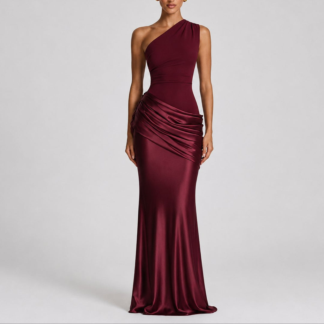 Damen Elegantes One-Shoulder Satin-Maxi-Abendkleid für Hochzeitsgäste - Rot
