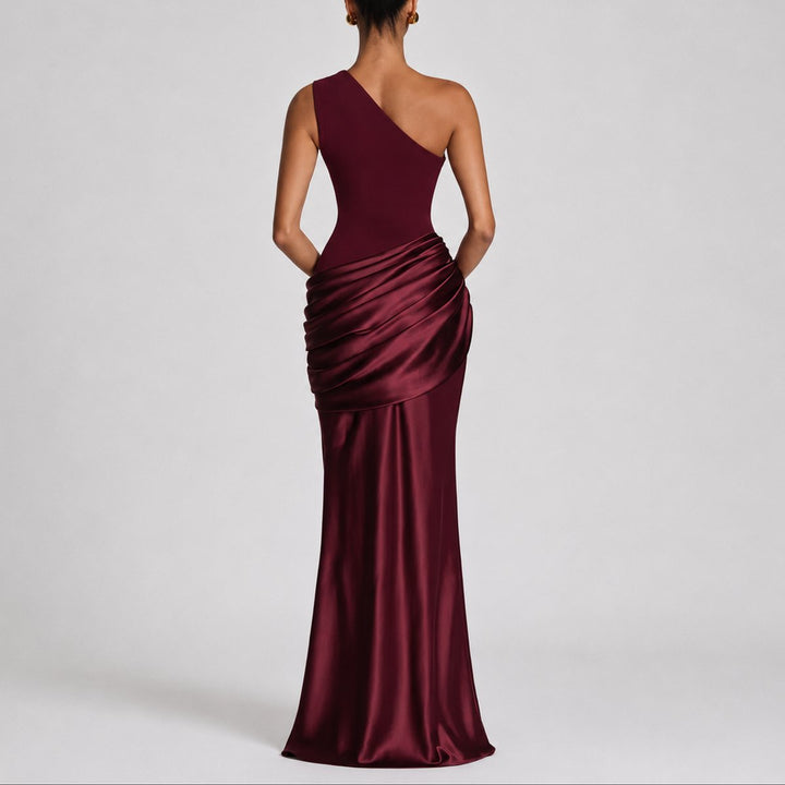 Damen Elegantes One-Shoulder Satin-Maxi-Abendkleid für Hochzeitsgäste
