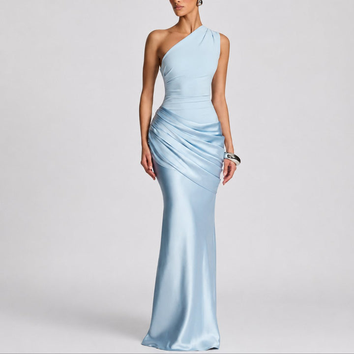 Damen Elegantes One-Shoulder Satin-Maxi-Abendkleid für Hochzeitsgäste - Hellblau