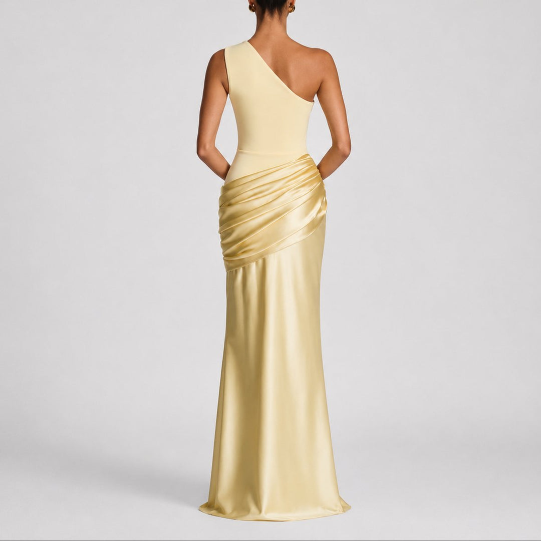 Damen Elegantes One-Shoulder Satin-Maxi-Abendkleid für Hochzeitsgäste