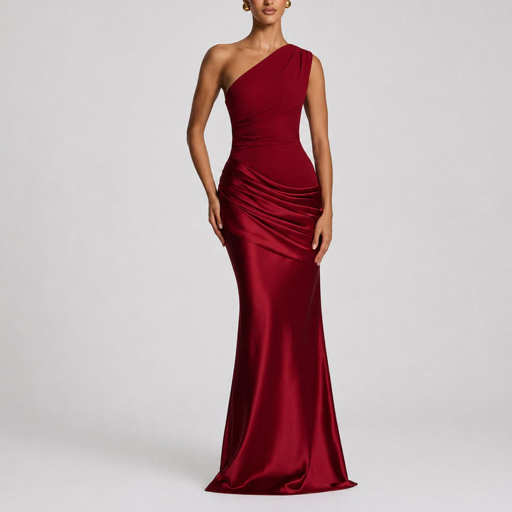 Damen Elegantes One-Shoulder Satin-Maxi-Abendkleid für Hochzeitsgäste