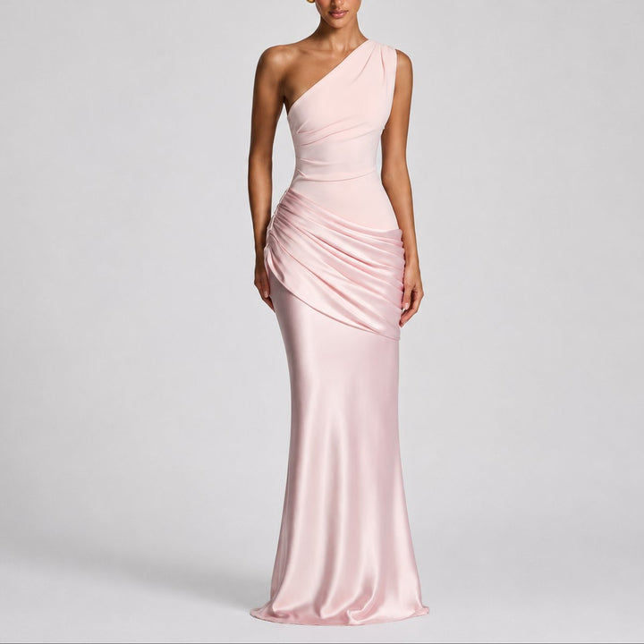 Damen Elegantes One-Shoulder Satin-Maxi-Abendkleid für Hochzeitsgäste - Rosa