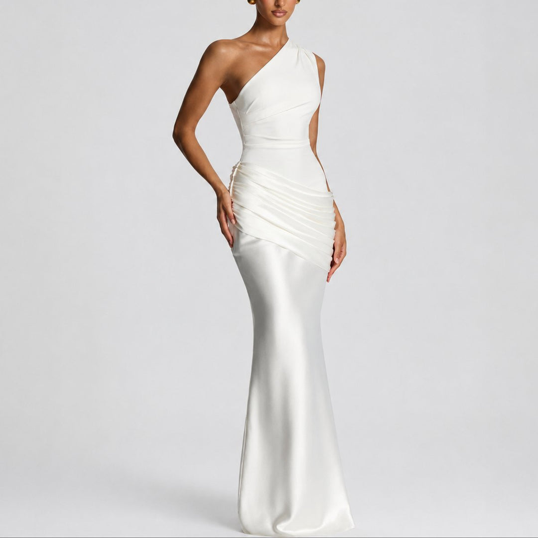 Damen Elegantes One-Shoulder Satin-Maxi-Abendkleid für Hochzeitsgäste - Weiß