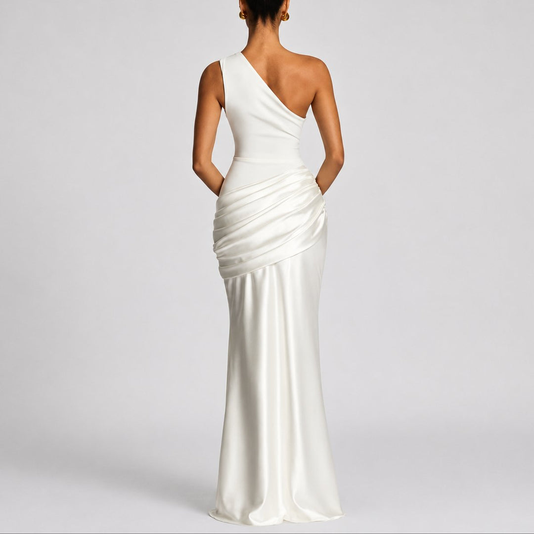 Damen Elegantes One-Shoulder Satin-Maxi-Abendkleid für Hochzeitsgäste