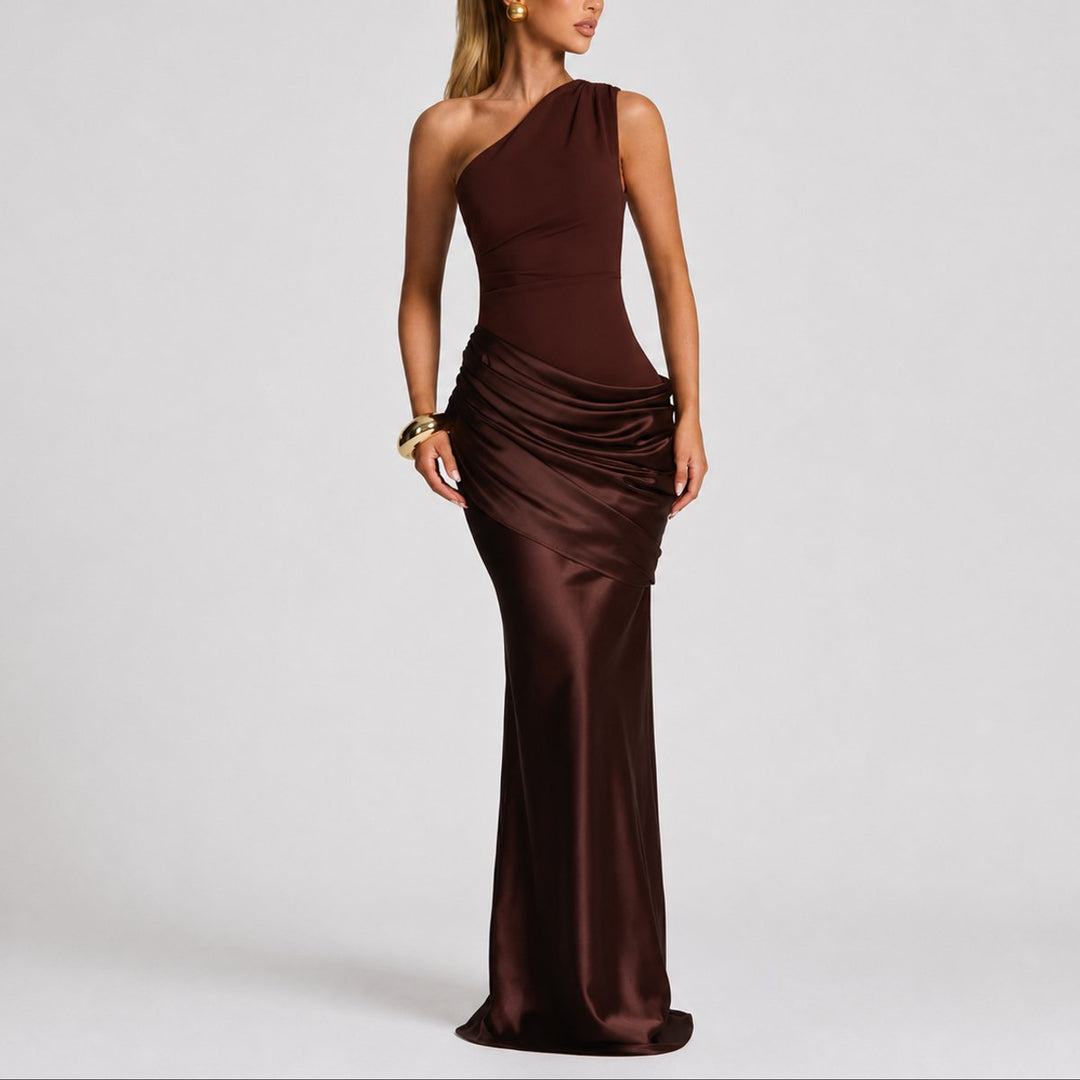Damen Elegantes One-Shoulder Satin-Maxi-Abendkleid für Hochzeitsgäste - Braun