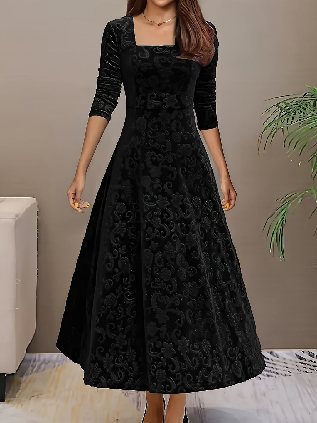 Damen Elegantes Samtkleid A-Linie Dreiviertellarm Geprägtes Blumenmuster - Black