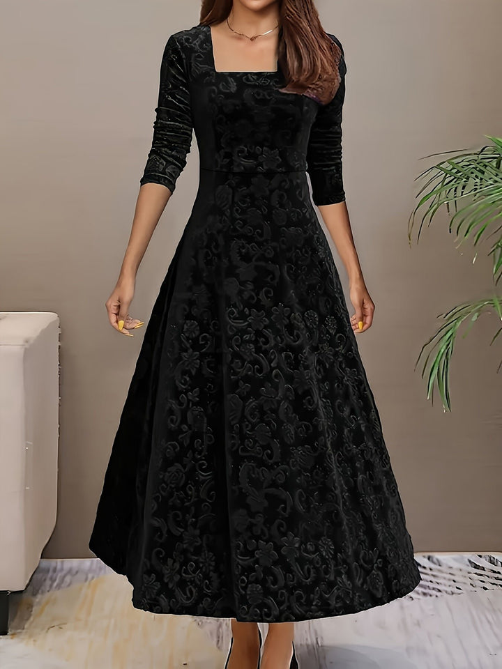 Damen Elegantes Samtkleid A-Linie Dreiviertellarm Geprägtes Blumenmuster - Black