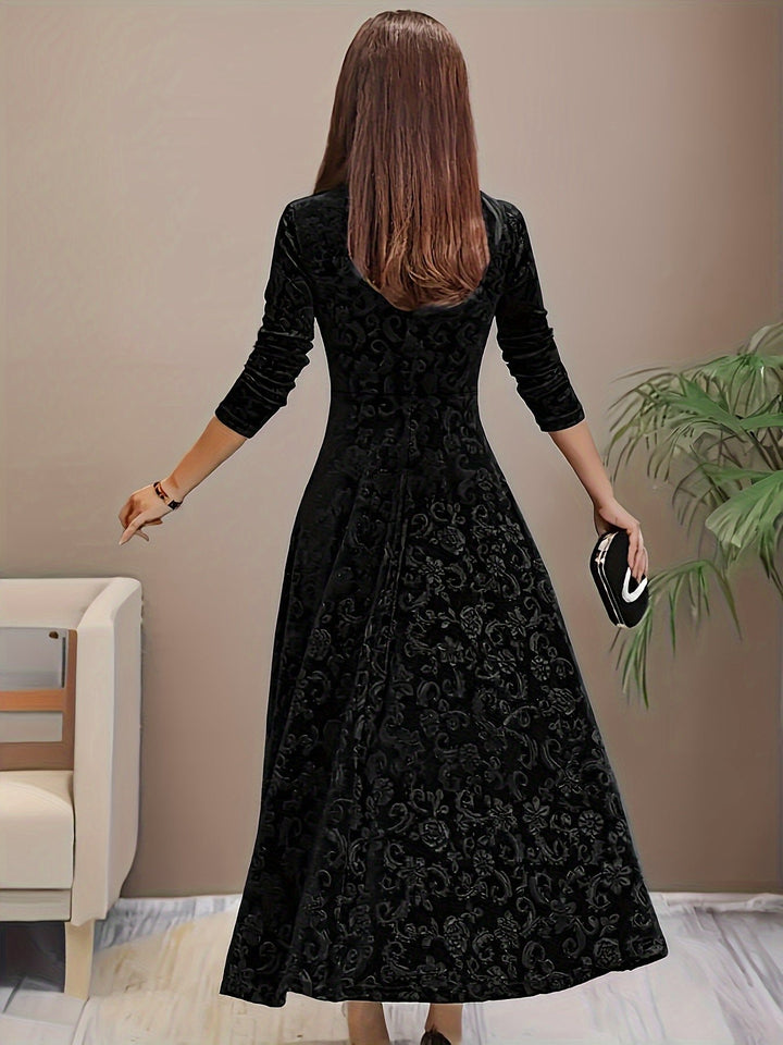Damen Elegantes Samtkleid A-Linie Dreiviertellarm Geprägtes Blumenmuster