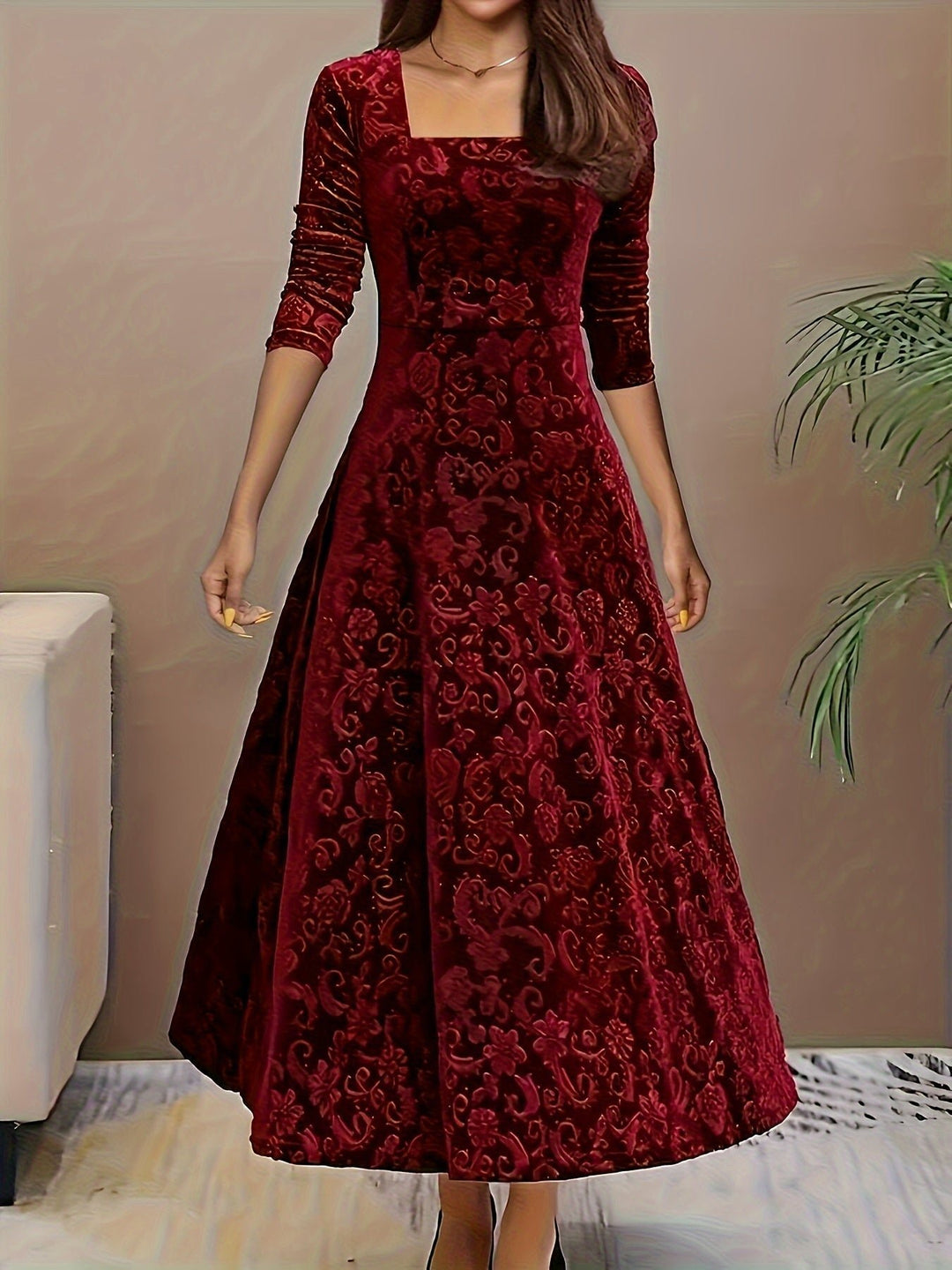 Damen Elegantes Samtkleid A-Linie Dreiviertellarm Geprägtes Blumenmuster - Red