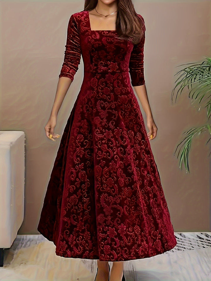 Damen Elegantes Samtkleid A-Linie Dreiviertellarm Geprägtes Blumenmuster - Red