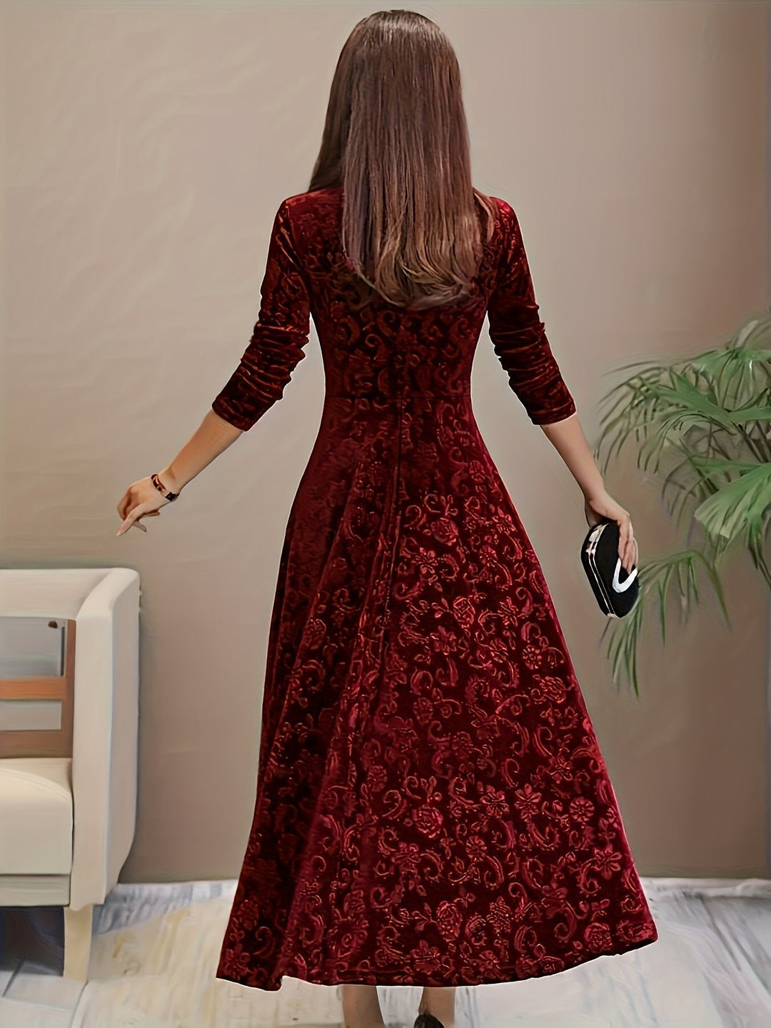 Damen Elegantes Samtkleid A-Linie Dreiviertellarm Geprägtes Blumenmuster