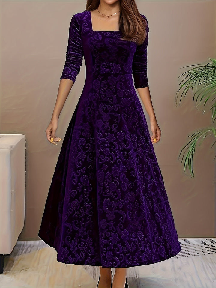 Damen Elegantes Samtkleid A-Linie Dreiviertellarm Geprägtes Blumenmuster - Purple