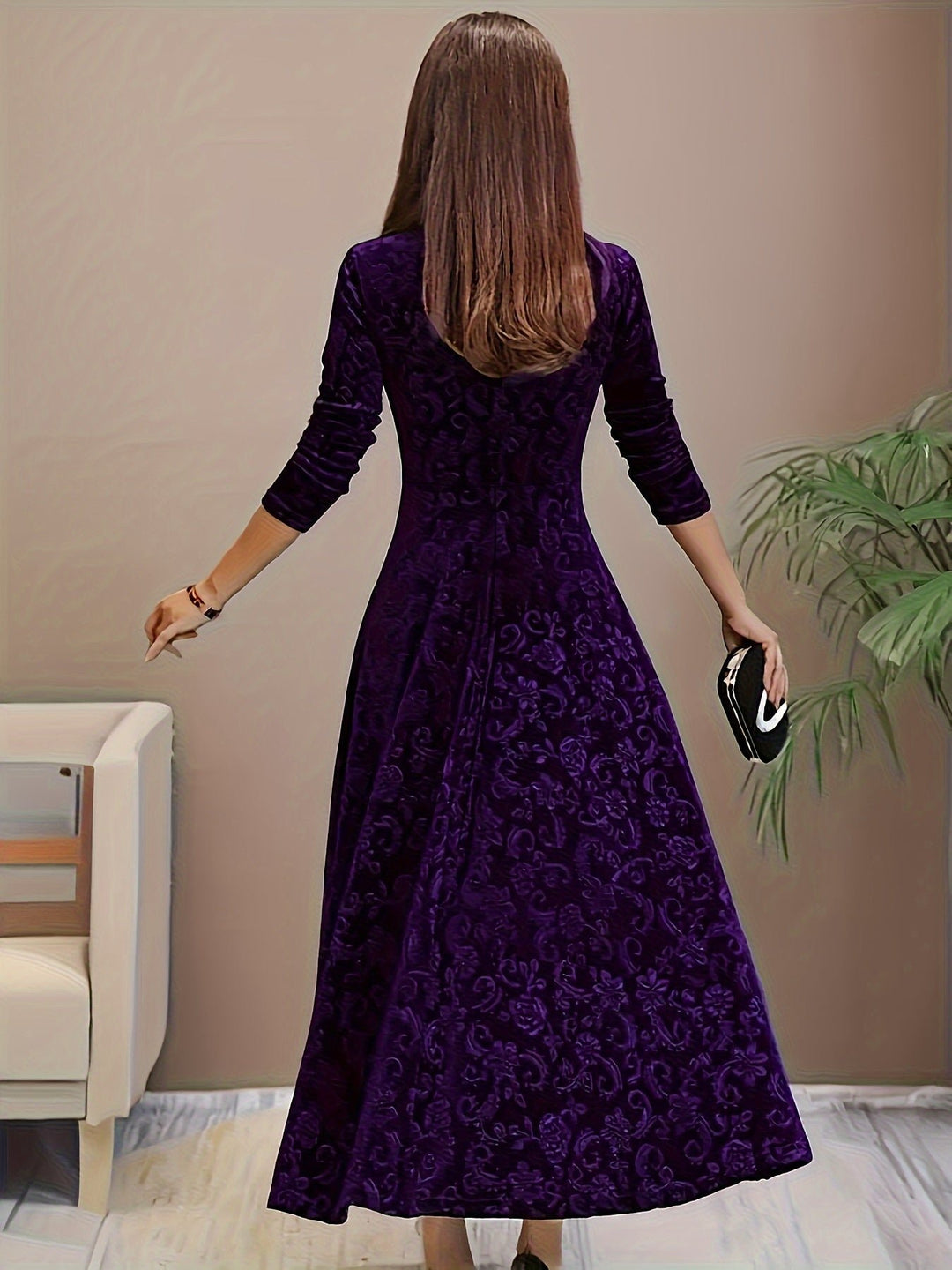 Damen Elegantes Samtkleid A-Linie Dreiviertellarm Geprägtes Blumenmuster