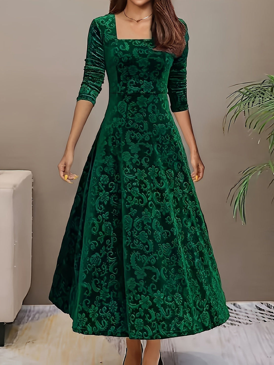 Damen Elegantes Samtkleid A-Linie Dreiviertellarm Geprägtes Blumenmuster - Green