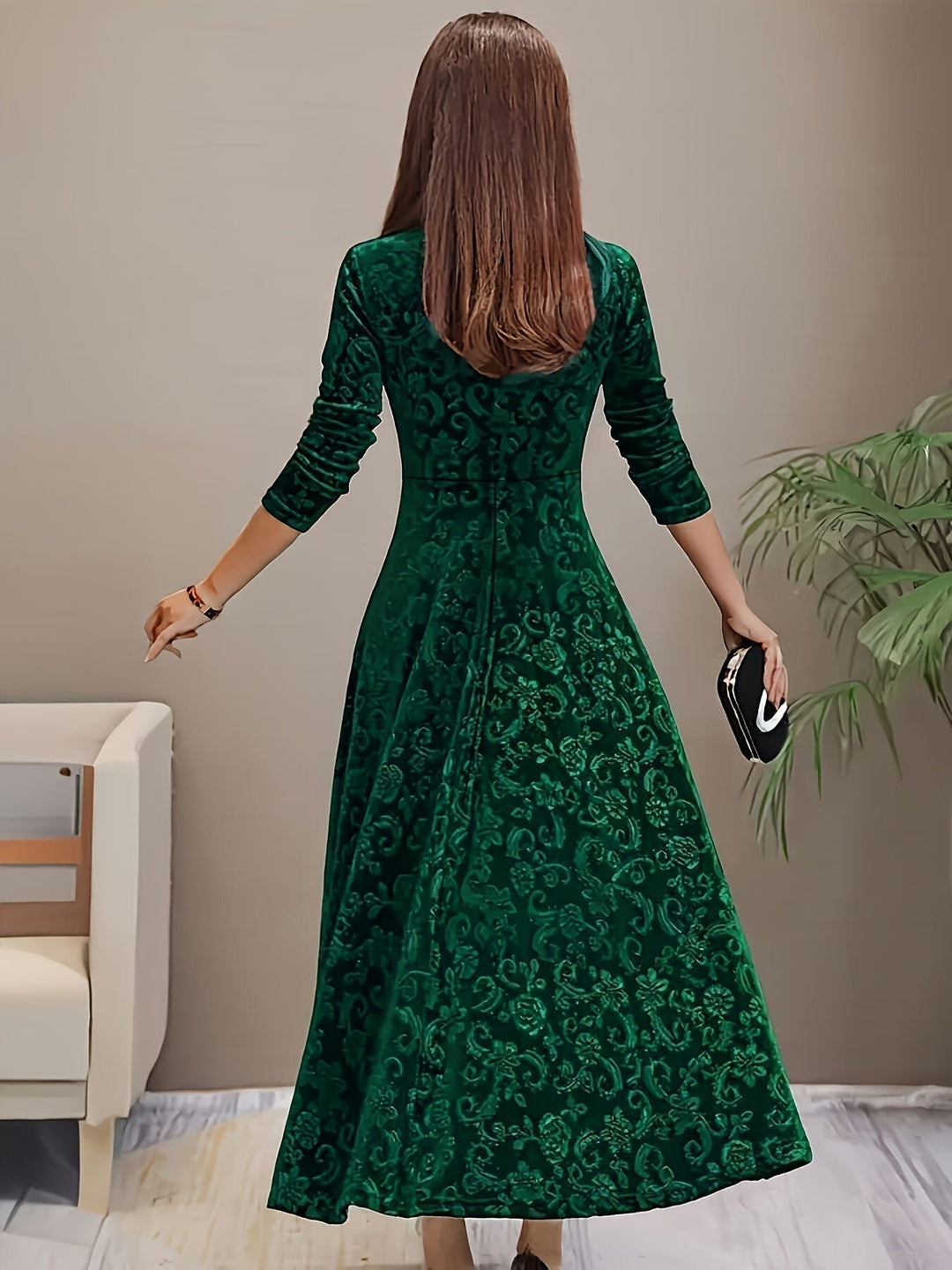 Damen Elegantes Samtkleid A-Linie Dreiviertellarm Geprägtes Blumenmuster