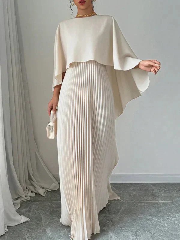 Damen Elegantes Satin-Cape Plissee Maxikleid - Ivory