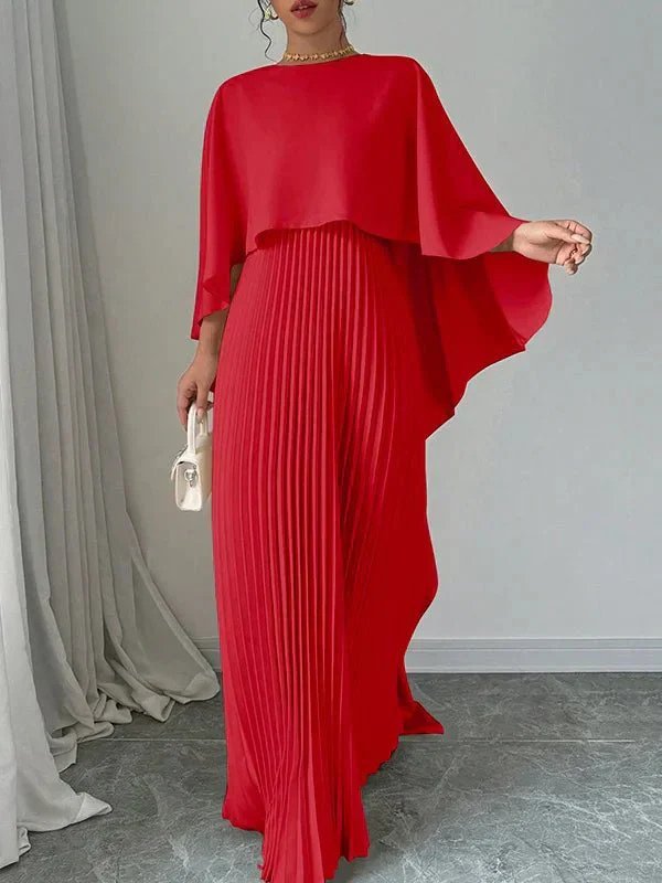 Damen Elegantes Satin-Cape Plissee Maxikleid - Red
