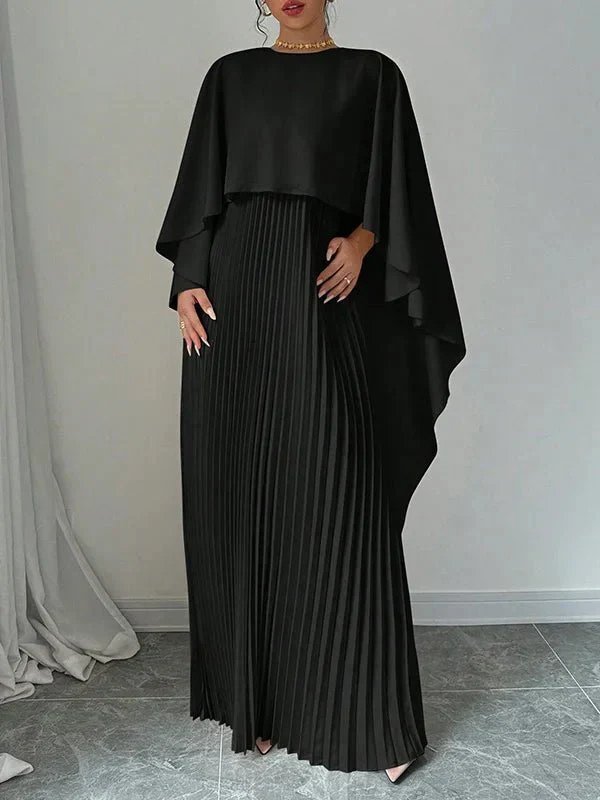 Damen Elegantes Satin-Cape Plissee Maxikleid - Black