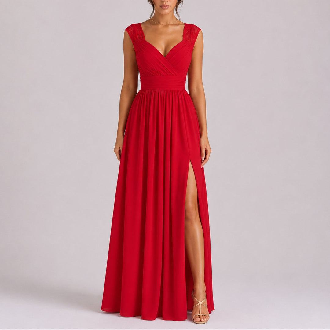 Damen Elegantes Spitzendetail Maxi Kleid als Fall Wedding Guest Dress - Rot