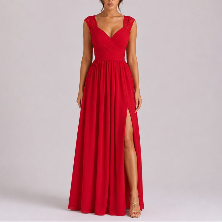 Damen Elegantes Spitzendetail Maxi Kleid als Fall Wedding Guest Dress - Rot