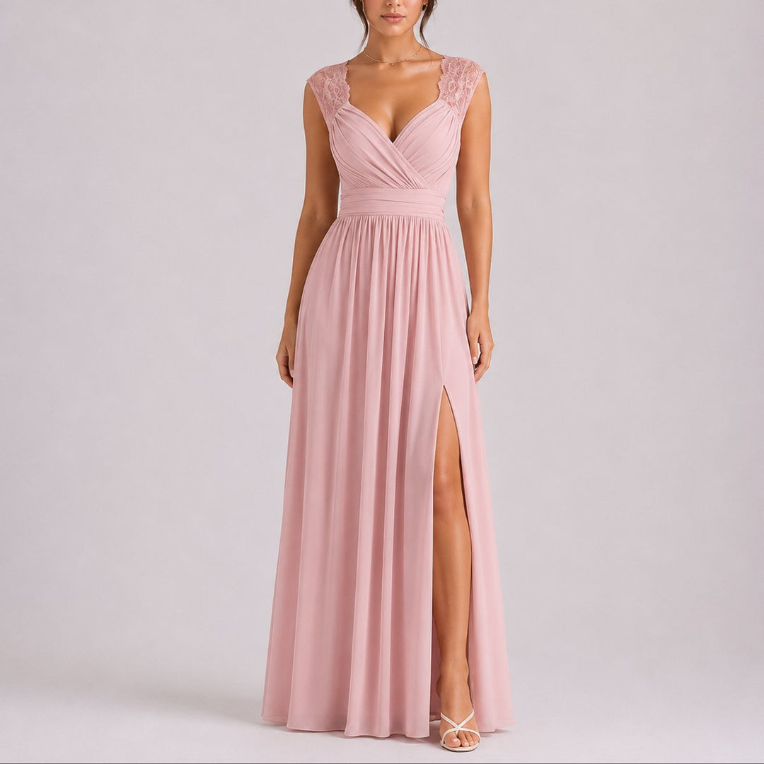 Damen Elegantes Spitzendetail Maxi Kleid als Fall Wedding Guest Dress - Rosa