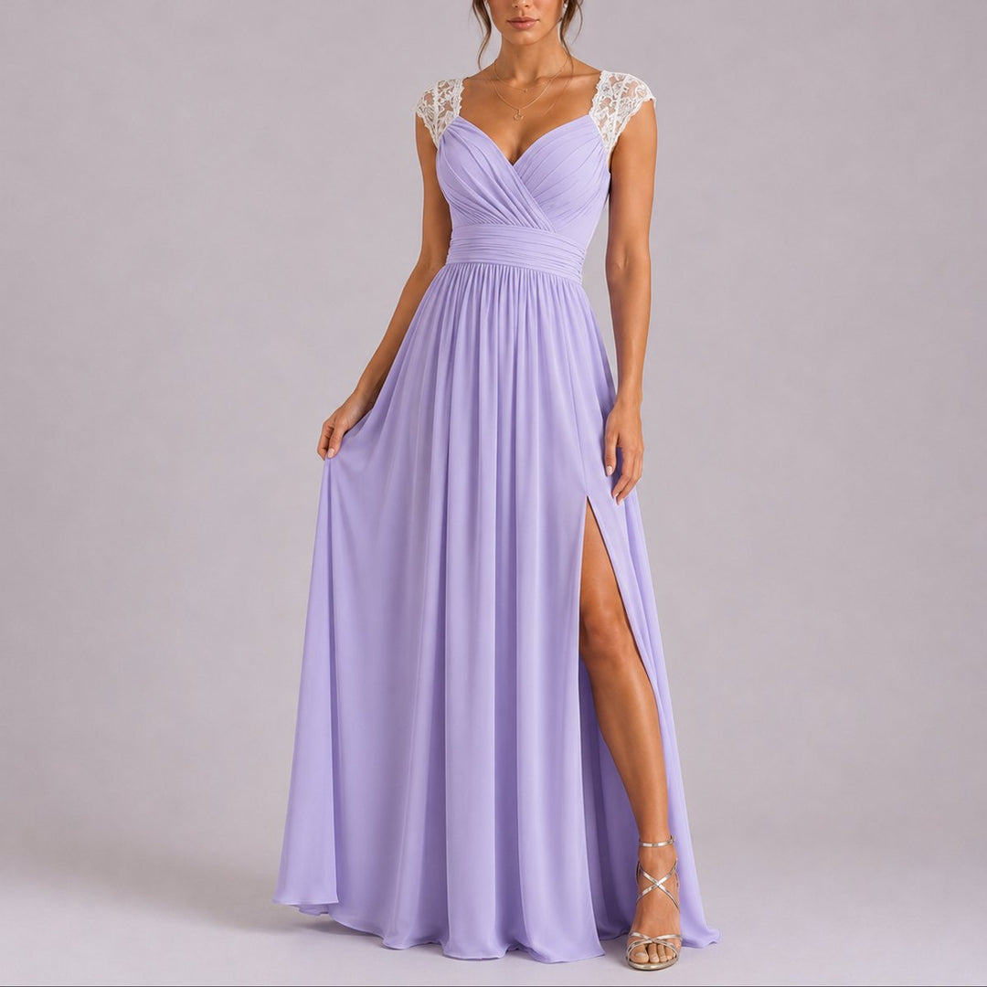 Damen Elegantes Spitzendetail Maxi Kleid als Fall Wedding Guest Dress - Lila