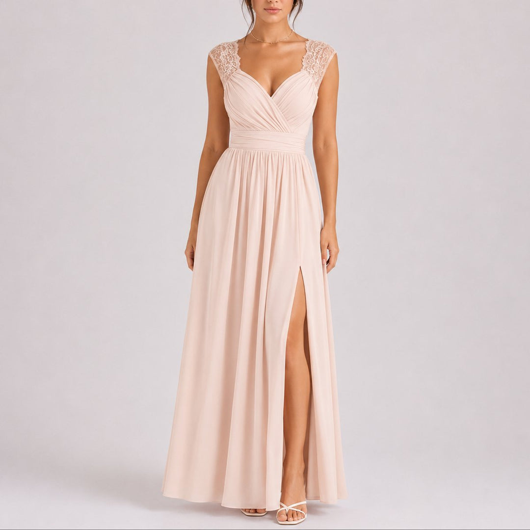 Damen Elegantes Spitzendetail Maxi Kleid als Fall Wedding Guest Dress - Beige