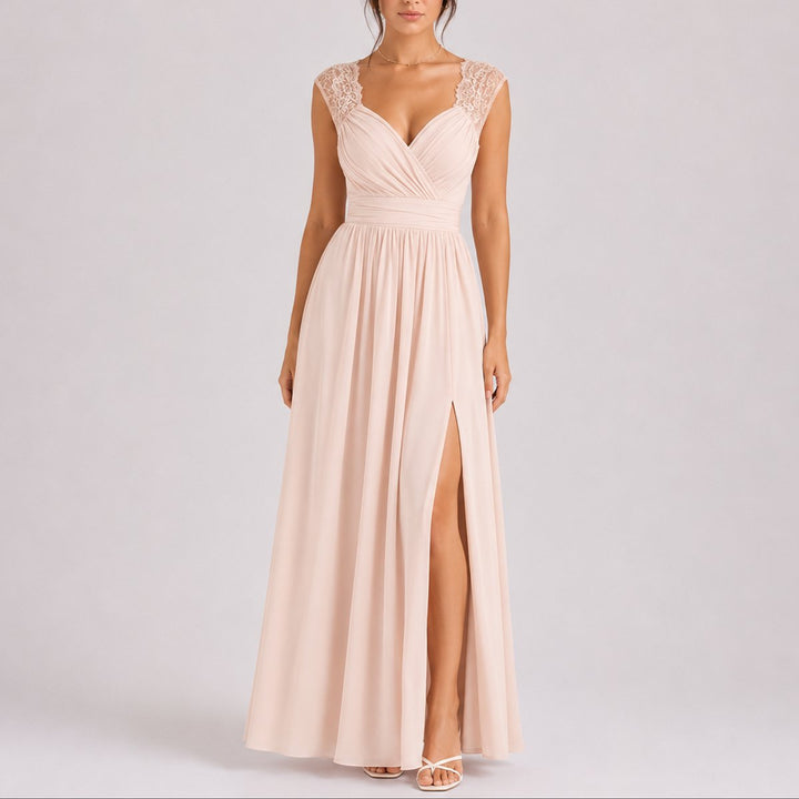 Damen Elegantes Spitzendetail Maxi Kleid als Fall Wedding Guest Dress - Beige