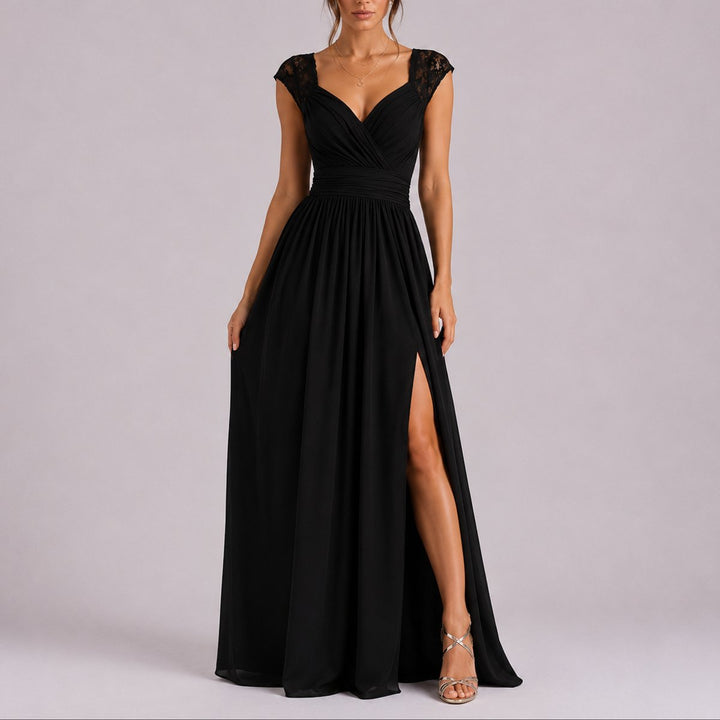 Damen Elegantes Spitzendetail Maxi Kleid als Fall Wedding Guest Dress - Schwarz