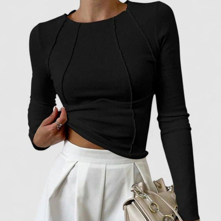 Damen Enganliegendes Langarmshirt Figurbetontes Rippstrick-Oberteil - Schwarz