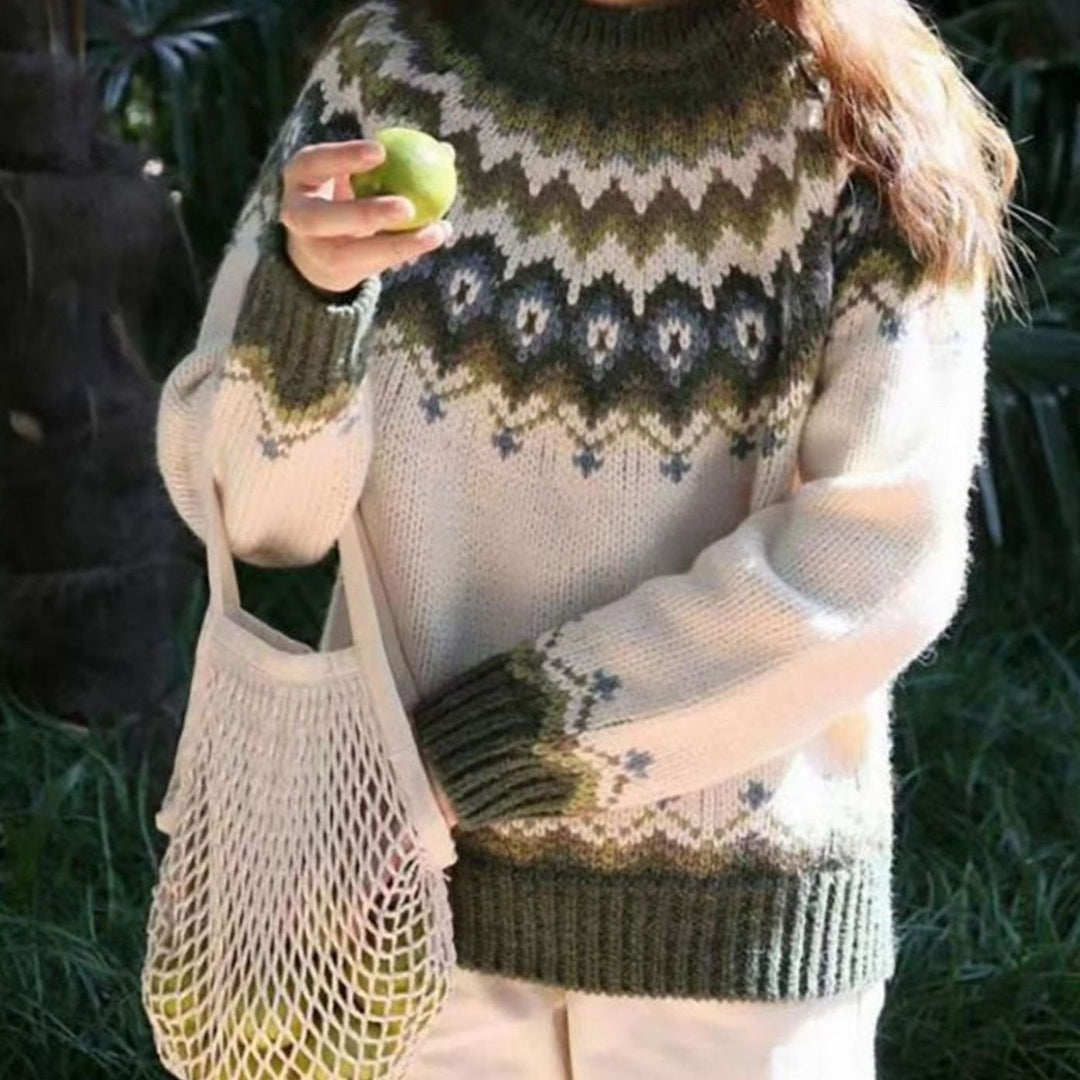 Damen Fair-Isle Strickpullover Relaxed-Fit Rundhals für den Alltag - Grün