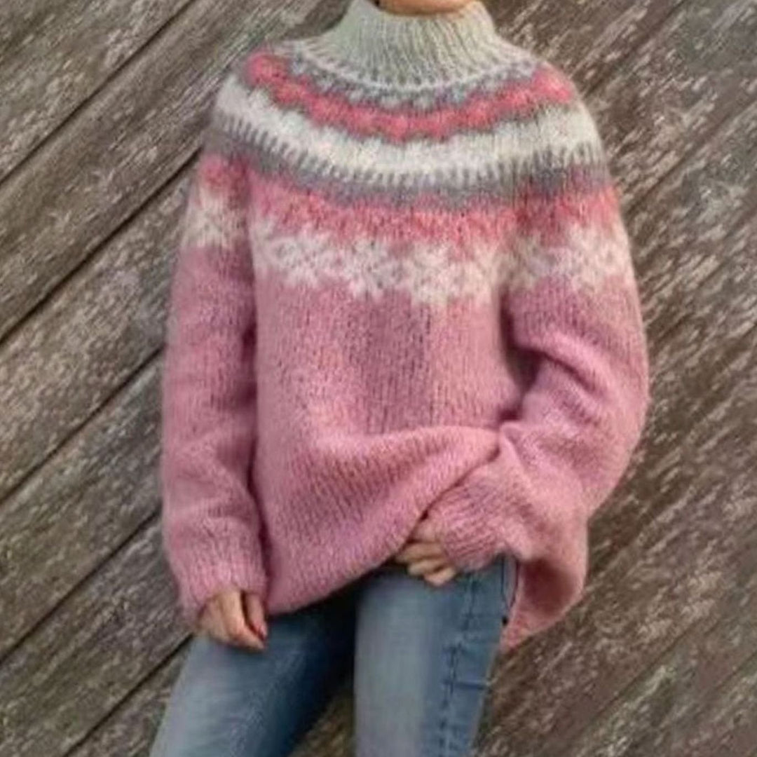 Damen Fair-Isle Strickpullover Relaxed-Fit Rundhals für den Alltag - Rosa